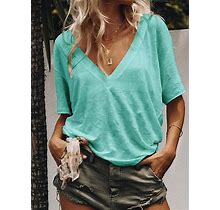 Women Summer Solid Casula Loose V Neck T Shirt Tops Sky Blue/4XL