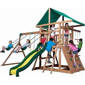 Backyard Discovery Mount Mckinley All Cedar Wood Swing Set, Playground For All Kids Age 3-10, Rock Wall, Wave Slide, Fort, Double Rock Climber And