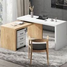 Homary White & Natural Modern Swivel Desk With Movable File Cabinet L-Shaped Rotating Desk Size 3