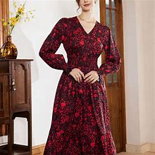 Print Frill Shirred Dress, Women's Elegant V Neck Long Sleeve Women's Clothing Waist Dress,Red,Reliable,Temu