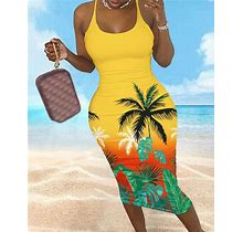 Tropical Coconut Tree Print Hollow Out Bodycon Dress Yellow L By Chicme