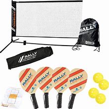 Rally Meister Pickleball Bundle With Portable Net System (4 Wood Rally Meister Paddles + 4 Outdoor Pickleballs + Drawstring Bag + Steel Tube Net Syst