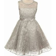 Big Girls' Pleated Lace Illusion Top Sunburst Skirt Flowers Girls Dresses Silver Size 8