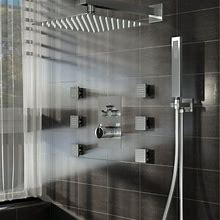 Everstein Luxury 12 Inch Thermostatic Shower System Rainfall Shower Faucet Set Wall Mounted With Push Button Diverter And 6 Massage Body Jets, Brushed