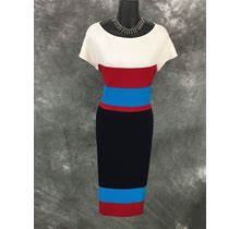 Beautiful St John Knit Ivory Blue Black Red Multi Dress Size 6