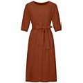 Daeful Women Midi Dress Cotton Linen Boho Dresses Tie Waist Summer Solid Color Flowy 3/4 Sleeve Caramel Colour XS