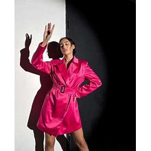 Women's Pink Satin Suit Jacket, Pink Satin Long Blazer, Women's Pink Satin Blazer Suit Dress, Hot Pink Belted Long Sleeve Satin Silk Blazer