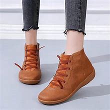 Sdjma Boots For Women Winter Casual Leather Lace Up Side Zipper Round Toe Retro Booties Comfort Ankle Flat Snow Boots