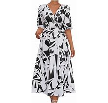 Vsssj Women's Midi Dresses Spring Summer Puff Short Sleeve V Neck Elegant Dress Geometric Print High Waisted A-Line Swing Long Dress