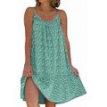 Green Womens Dresses Casual Floral O Neck Ruffle Hem Spaghetti Strap Sleeveless Short Beach Dresses For Women 2024