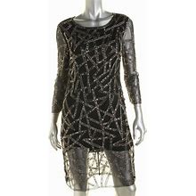 Adrianna Papell Black Mesh Beaded Cut-Out Back Shift Party Dress 8 NEW $300