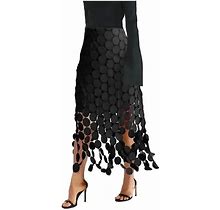 Womens Fashion Hollow Polka-Dot Tasseled High Waist Skirts Casual Simple Office Elegant Midi Skirt Black S