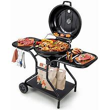 Charcoal Bbq Grill 22 Inch W/ Built-In Thermometer Wheels Side & Bottom Shelves