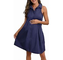 FUNJULY Maternity Dresses Womens Summer Collared Shirt Dress Casual Button Down Dress Babydoll Tunic Mini Dress With Pockets