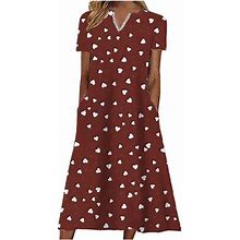 Loopsun Summer Dresses For Women, Casual Short Sleeve V-Neck Printing Midi Dress With Pocket Wine