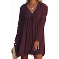 Canrulo Womens Dresses Long Sleeves Short Mini Dress V Neck Flowy Casual Swiss Dot Loose Fit Babydoll Dress Wine Red L
