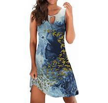 Womens Dresses Summer Beach Sundress Loose Dress Sleeveless Floral Print V Neck Hollow Out Beach Dress Mini Dress