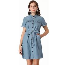 Women's Casual Button Front Summer Short Sleeve Dresses, Size: Medium, Brt Blue