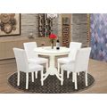 East West Furniture ANAB5-LWH-64 Antique 5 Piece Dining Room Set Includes A Round Kitchen Table With Pedestal And 4 White Faux Leather Upholstered