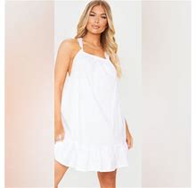 Prettylittlething Dresses | White Poplin Frill Hem Cross Back Dress Size Us 0 Nwt | Color: White | Size: 0