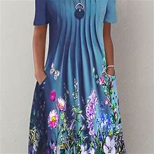 Floral Print Pocket Dress, Women's Pleated Casual Short Sleeve Pockets Women's Clothing Dress,Blue,User-Friendly,Temu