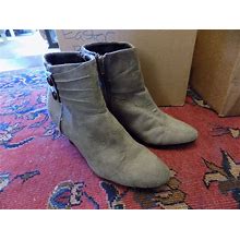 Life Stride Gray Faux Suede Ankle Boots 3" Heel Buttons Gathered