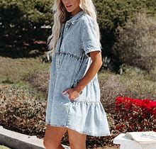 Forestyashe Womens Dresses Casual Short Sleeve Button Down Flowy Tiered Denim Dress
