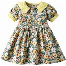 Girl Dresses Kids Spring Summer Floral Short Sleeve Princess Dress Dress For Girls Yellow 3 Years-4 Years