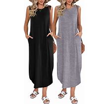 Riyiper 2 Pcs Women's Maxi Dress Sleeveless Sundress Women Long Dress Split Maxi Dresses Womens Beach Maxi Dress With Pockets