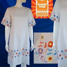 60S 70S FLORAL EMBROIDERED White Linen Sixties Tent DRESS Mod Uk 14