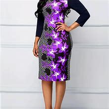 Floral Print Long Sleeve Dress, Casual Crew Neck Bodycon Midi Dress, Women's Clothing,Violet,Reliable,Temu