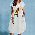 Aoochasliy Women's Dresses Fall Clearance Fashion Womens O Neck Sunflower Print Plus Size Casual Pockets Dress