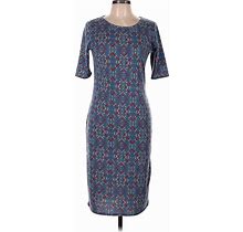 Lularoe Casual Dress - Sheath Crew Neck Short Sleeves: Blue Print Dresses - Women's Size Medium