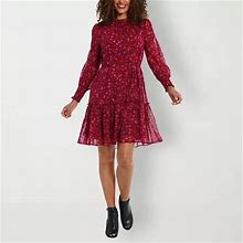 London Style Long Sleeve Floral Fit + Flare Dress | Pink | Womens 12 | Dresses Fit + Flare Dresses | Smocked|Tie-Waist