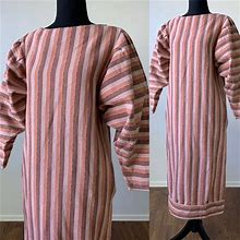 80S Boho Cotton Dress, Mutton Sleeve Striped Shift Dress With Pockets, Womens Size Medium