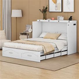 Cosmic Full Size Murphy Bed Wall Bed W/ Drawer, Sockets, USB Ports & Pulley Structure Design Wood In Brown/White | 41 H X 57.3 W X 80.5 D In