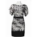 Suzi Chin Gray Feather Print Belted Ruched Sleeved Dress