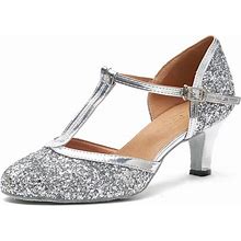 JJ's House Women's Ballroom Shoes Sequin T-Strap High Heel Glitter Indoor Dance Shoes