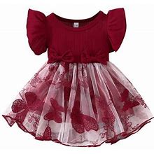 Girl's Dress Toddler Baby Girl Butterfly Dress Sleeveless Ribbed Patchwork Tulle Tutu Dresses Kids Sundress Dance Casual Dresses 2-3Y