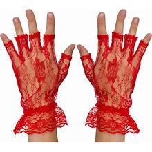 Skeleteen Fingerless Lace Red Gloves - Ladies And Girls Ruffled Lace Finger Free Bridal Wrist Gloves