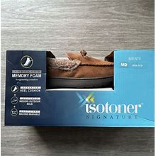 Isotoner Mens Memory Foam Moccasin Slippers Brown (Size 8-9) | Ships