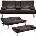 Faux Leather Convertible Sofa Bed With 2 Throw Pillows Home Recliner Futon Couch