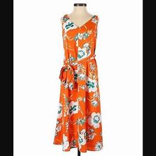 Ann Taylor Womens SZ XS Petite Sleeveless Dress Orange Teal Floral V-Neck V-Back