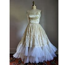 Vtg 50'S Champagne Satin Lace & Tulle Cupcake Wedding Party Long Dress