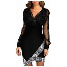 Black And Friday Deals 50% Off Clear! Asdoklhq Womens Plus Size Clearance Dresses,Women's Solid Color Sequins Long Sleeve A-Line Party Dress