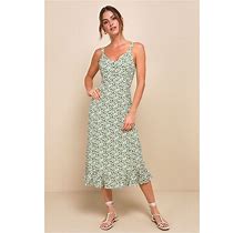 Green Floral Print Midi Dress | Womens | Medium | 100% Polyester | Lulus