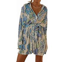 Licupiee Women Pleated Long Sleeve Mini Shirt Dress Floral Printed Button Short Blouse Dress Summer Ruffle Swing Clubwear Dress