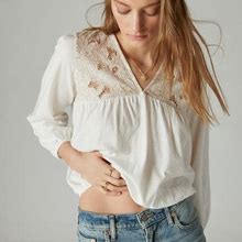 Lucky Brand Floral Cutwork Knit Top - Women's Clothing Knit Tops Tee Shirts In Snow White, Size 2XL