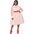 Plus Size Pink & Red Flocked Hearts Tulle Swing Dress - Pink/Red Hearts