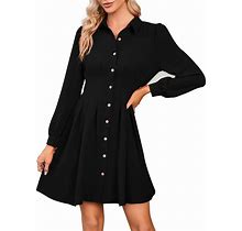 MISSKY Women's Long Sleeve Dress, Lapel V Neck A-Line Midi Dress Collar Puff Sleeve Elastic Waist Button Down Business Dress